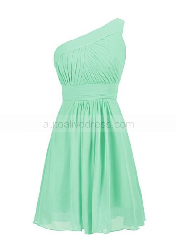 Mini One Shoulder Chiffon Ruched Knee Length Bridesmaid Dress With Folded Sash